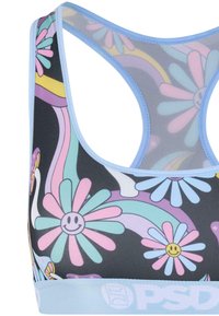 Farverig sports-bh med sort baggrund, der har pastelfarvede blomstermotiver og regnbuemønstre; mesh-detaljer med lyseblå accenter.