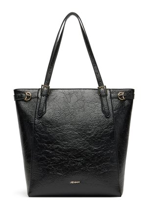 Schwarze, strukturierte Ledertasche mit doppelten Schulterriemen, goldfarbenen Schnallendetails und "JENNY"-Logo in der unteren Mitte.