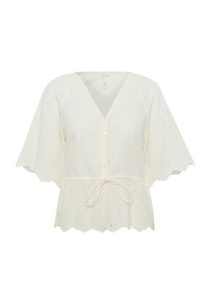 Fehér blúz V-nyakkivágással, rövid fodros ujjakkal és zsinórral meghúzható derékkal. Szegélyén és ujjaiban hímzett lyukacsos díszítéssel.