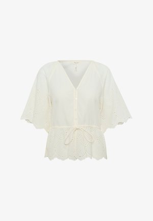 Balta bluzelė su V iškirpte, trumpomis skraistinėmis rankovėmis ir raišteliu liemeniui. Aprašyta akių siuvinėjimu aplink apatinį kraštą ir rankoves.