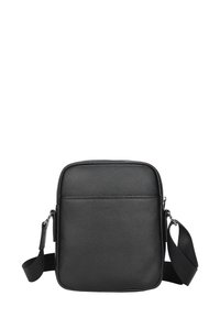 Borsa a tracolla in pelle nera con finitura strutturata, forma rettangolare, tasca frontale con cerniera e tracolla regolabile in tessuto.