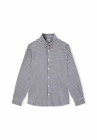 Czarna i biała koszula w kratkę w stylu gingham, z długim rękawem, kołnierzykiem zapinanym na guziki, guziki z przodu oraz prostym dołem. Wykonana z bawełny.