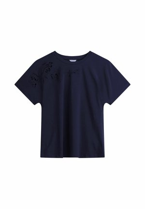 Navy blue short-sleeve t-shirt with a round neck and subtle floral cut-out embroidery on the upper left shoulder.