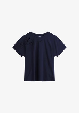 Navy blue short-sleeve t-shirt with a round neck and subtle floral cut-out embroidery on the upper left shoulder.