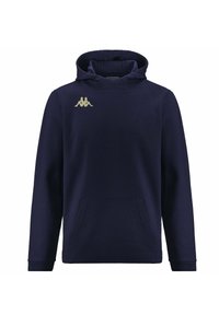 Felpa blu navy realizzata in tessuto morbido, con tasca frontale, polsini a coste e cappuccio, decorata con un logo dorato sul petto.
