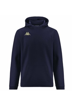 Navy blauwe hoodie van zacht materiaal, met een voorzak, ribgebreide manchetten en een capuchon, voorzien van een gouden logo op de borst.