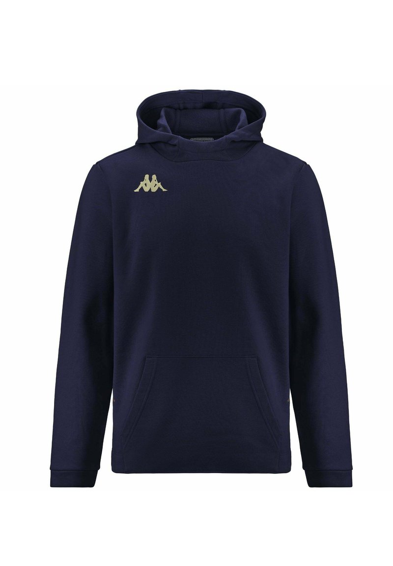 Felpa blu navy realizzata in tessuto morbido, con tasca frontale, polsini a coste e cappuccio, decorata con un logo dorato sul petto.