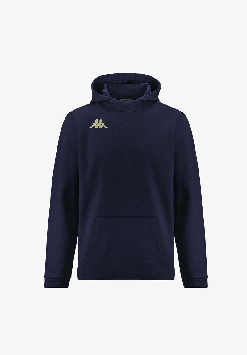 Felpa blu navy realizzata in tessuto morbido, con tasca frontale, polsini a coste e cappuccio, decorata con un logo dorato sul petto.