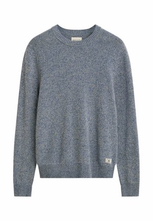 Maglione azzurro chiaro realizzato in un filato testurizzato. Presenta un collo a giro, polsini e bordo a costine con una piccola etichetta del marchio sul lato inferiore.