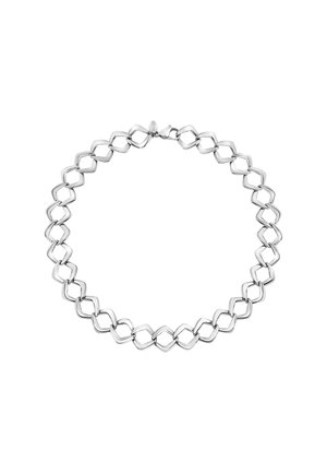 Srebrny naszyjnik z łańcuszkiem z połączonych diamentowych ogniw, gładką powierzchnią i bezpiecznym zapięciem.