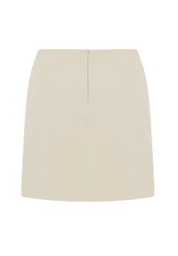 Beige mini hame, joka on valmistettu sileästä kankaasta, sisältää piilotetun takavyötärövetoketjun ja puhtaan, minimalistisen muotoilun ilman kuvioita tai koristeluja.