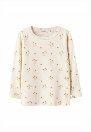 Kremowa koszula z długim rękawem w mały żółty kwiatowy wzór, okrągły dekolt i miękka tkanina, zaprojektowana dla dzieci.