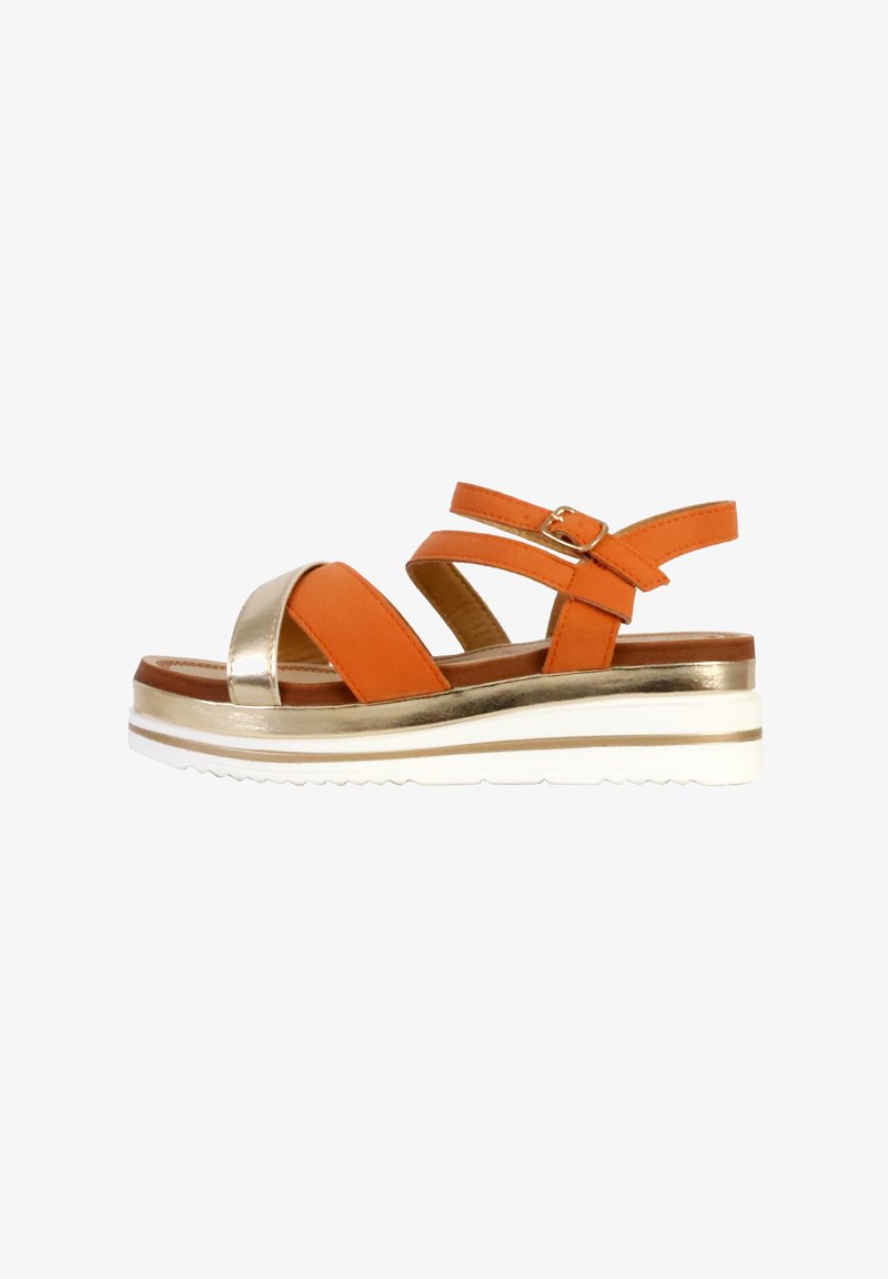 Orange strappy sandal with a gold metallic accent and a white, textured sole. Features two adjustable straps and a cushioned footbed.