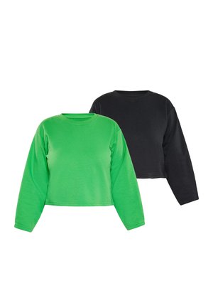 Zwei langärmelige Sweatshirts mit Rundhalsausschnitt, eines in leuchtendem Grün und eines in Schwarz, beide mit verkürztem Schnitt auf weißem Hintergrund.
