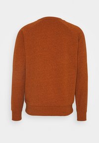 Felpa color ruggine con finitura testurizzata, scollo rotondo e polsini e orlo a coste. Presenta maniche lunghe e un design semplice e pulito.