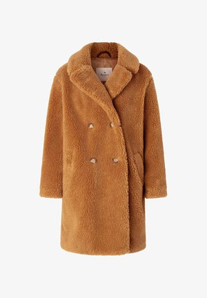 Pruun, kahe nööbiga mantel pehmest ja karvast materjalist. Esitleb laia kraed, kahte esipocketit ja ümmarguseid nuppe kinnitamiseks.