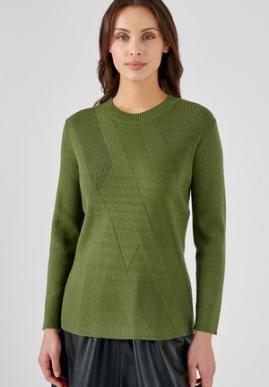 Green ribbed knit sweater with a textured diagonal pattern, long sleeves, and a round neckline, featuring a fitted silhouette.