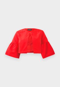 Giacca rossa corta con scollo rotondo e maniche a campana. Realizzata in tessuto morbido con chiusura frontale, presenta un colore uniforme e linee pulite.