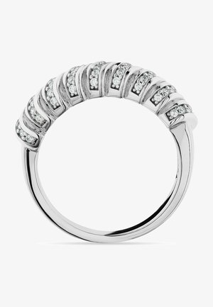 Silver ring with a wavy design, featuring alternating grooves and small clear stones embedded in a polished metal band.
