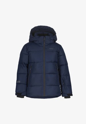 Navy blue insulated puffer jacket with a hood, front zipper, and side pockets. Features padded sections and black accents at cuffs.
