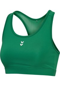 Zielony stanik sportowy wykonany z gładkiego, elastycznego materiału; ma krój z wycięciem na plecach i małe białe logo z przodu.
