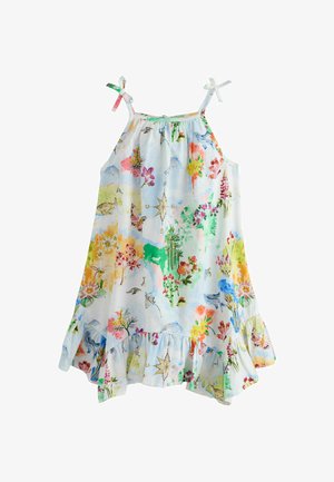 Mädchen ärmelloses Sommerkleid mit bunten Blumen-, Vogel- und Kompassmustern, gebundenen Schulterriemen und einem Rüschenabschluss.