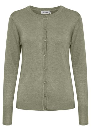 Gilet en laine vert avec un col rond, un devant à boutons et des poignets et un ourlet côtelés. Il dispose de six boutons le long de l'ouverture.