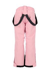 Pantalons de neige roses avec bretelles noires réglables, taille élastique et accents noirs aux ourlets. Caractéristiques d'une texture lisse et d'une coupe décontractée.