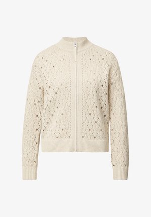 Häkelstrick-Cardigan in Cremefarbe, mit hohem Kragen, frontalem Reißverschluss und geripptem Saum sowie Bündchen, mit einem strukturierten offenen Muster im gesamten Design.