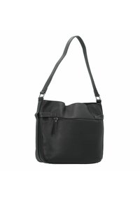 Schwarze Leder-Umhängetasche mit strukturierter Oberfläche, Reißverschluss-Vordertasche und verstellbarem Tragegurt. Schlichtes Design mit einem weichen, lässigen Oberteil.