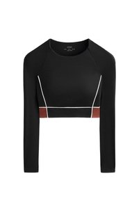 Fekete, hosszú ujjú, rövid fazonú felső fehér díszítéssel és barna hangsávval, sima, rugalmas anyagból készült.