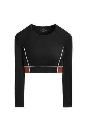 Črna kratka majica z dolgimi rokavi z belimi detajli in rjavim poudarkom, izdelana iz gladkega, raztegljivega materiala.