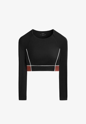 Bluză neagră cropped cu mâneci lungi, cu detalii albe și o dungă accent maro, realizată dintr-un material neted și elastic.