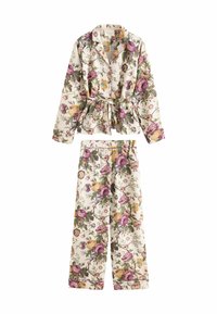 Set di pigiama floreale composto da una giacca con cintura da annodare e pantaloni con elastico in vita. Realizzato in tessuto morbido, con uno sfondo crema e motivi floreali colorati.