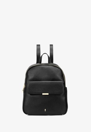 Czarna skórzana plecak o gładkiej fakturze, z przednią kieszenią, złotym zamkiem i regulowanymi paskami. Minimalistyczny design z subtelnym logo.