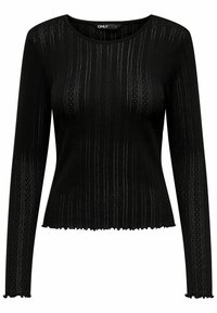 Svart långärmad topp med ribbat mönster, prydd med tunna vertikala linjer och en vågig nederkant. Tillverkad av ett åtsittande, elastiskt material.