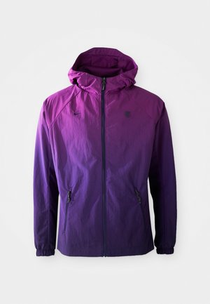 Leichte Jacke in Farbverlaufsschattierungen von Lila, ausgestattet mit Kapuze, Frontreißverschluss und seitlichen Taschen mit elastischen Bündchen.