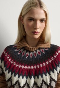 Pull en tricot avec un col côtelé marron et un empiècement décoré de motifs en rouge, blanc, marron et gris, avec des designs géométriques.