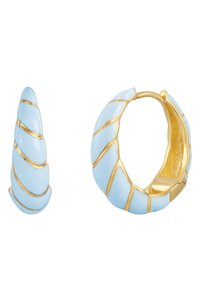 Zila emaljas auskari ar konusveida formu un zelta akcentiem. Gredzena auskars ir spirālveida raksts, abiem ir spīdīga virsma.