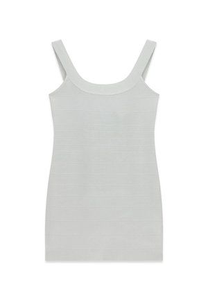 Vestido ajustado sin mangas de color gris claro con tirantes anchos y detalles de costuras horizontales en toda la tela.