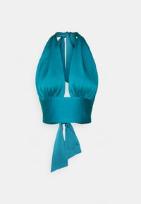 Top de cetim teal com decote halter, um corpete franzido e faixa larga amarrada na cintura. Termina com duas fitas longas e fluídas na cintura.