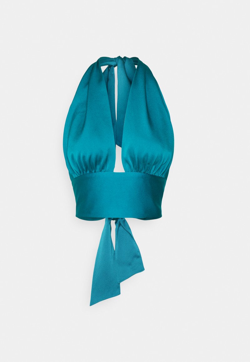 Top de cetim teal com decote halter, um corpete franzido e faixa larga amarrada na cintura. Termina com duas fitas longas e fluídas na cintura.