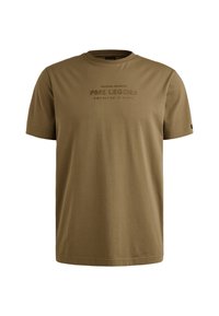 Olivgrünes Baumwoll-T-Shirt mit kurzen Ärmeln, Rundhalsausschnitt und geprägtem Text "PME LEGEND AMERICAN CLASSIC" auf der Vorderseite. Glatte Textur.