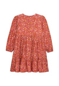 Rotes Blumenkleid mit langen Ärmeln, gerafftem Oberteil und gestuftem Volant-Saum; hat Muster aus rosa, orange und weißen Blumen.