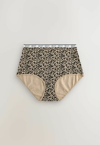 Ženske gaće visokog struka s bež i crnim leopard uzorkom i bijelim elastičnim pojasom s natpisom "NEXT" u crnim slovima.