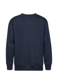 Marineblå sweatshirt med rund hals, lange ærmer, ribbet manchetter og kant, lavet af et glat, tekstureret stof uden mønstre.