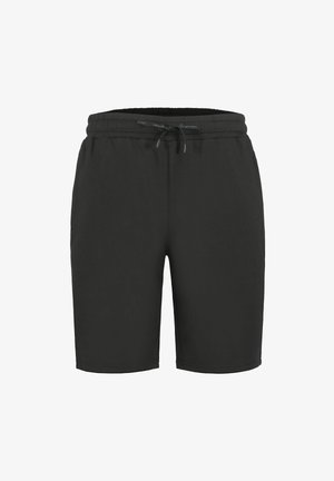 Schwarze Shorts mit elastischem Bund, Kordelzug und Seitentaschen. Glatter Stoff und knielanges Design. Geeignet für die Freizeit.