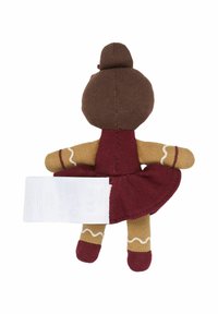 Textile doll with a brown hair bun, brown and maroon dress, beige arms, and a white tag at the waist. Soft material, simple design.