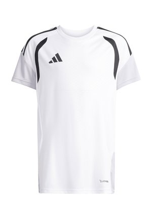 Biała sportowa koszulka na krótki rękaw z czarnymi paskami na ramionach i logo Adidas na górnej lewej stronie klatki piersiowej.