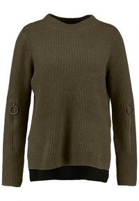 Olivgrüner, gerippter Strickpullover mit Rundhalsausschnitt, langen Ärmeln und Reißverschlussdetails mit Ringgriff an jedem Arm.